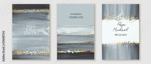 Set of vertical backgrounds. Black, grey, white watercolor fluid painting vector design. Dusty pastel, neutral and golden marble. Dye elegant soft splash style. Alcohol ink imitation. Wedding cards.
