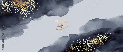 Black, white, grey watercolor  vector background. Golden lines, waves. Abstract watercolor washes, forms. Elegant, shiny, chic card, cover, art design
