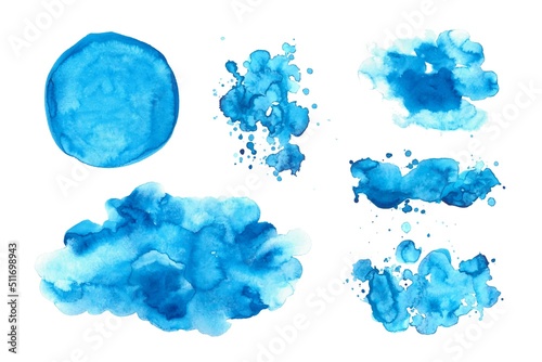 Set of blue watercolor abstract backgrounds, forms, design elements. Water drops, splatters. Colorful hand painted textures, washes.