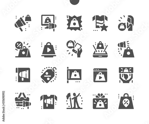 Product promotion. Hot discounts and sale. Video advertisement. Online store. Promoter. Vector Solid Icons. Simple Pictogram