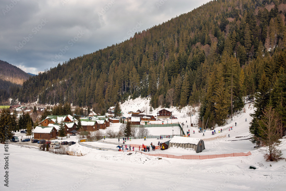 Winter resort Vorochta in Carpathian Mountains, Ukraine.