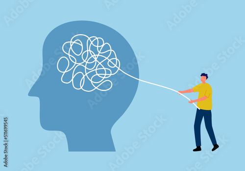 Mental illness psychotherapy concept vector illustration. Man untangle psychological tangle above human head. Mind therapy.