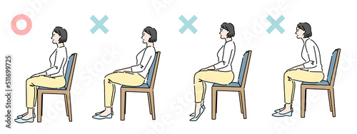 正しい姿勢・間違った姿勢で座っている若い女性のセット
