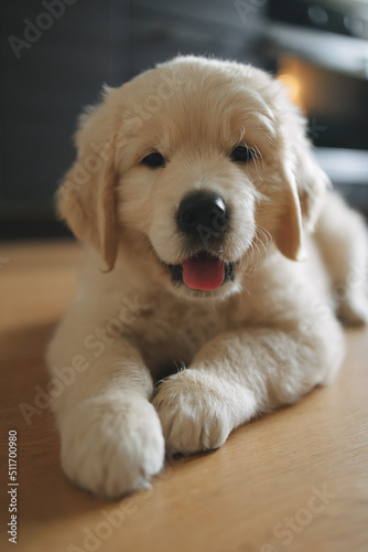 Cute golden retriever puppy lying on the floor at home