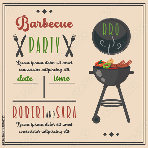 Barbecue party invitation. BBQ invite template in retro style. Summer barbecue picnic. Vintage bbq background with grill, steaks, meat food, vegetables, cutlery, text. Vector cartoon illustration.