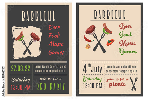 Barbecue party. Set of BBQ invitation in retro style. Summer barbecue picnic. Vintage bbq background with grill, steaks, meat food, vegetables, cutlery, text. Vector cartoon illustration.