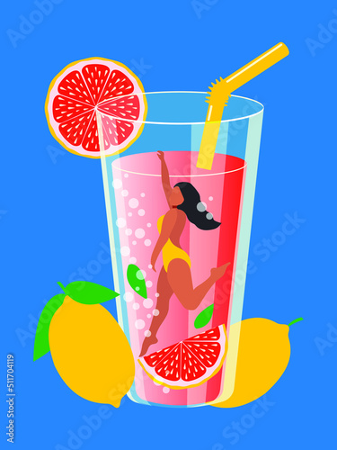 Modern design of lemonade and a girl floating in a pool with a vertical blue background. Summer and vacation concept. Fruit citrus juice in a glass transparent glass with a straw. Vector.