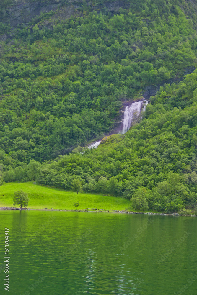 beautiful view of waterfalls and green nature in norway