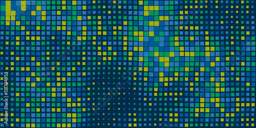 Abstract Dark Green and Blue 3D Slighty Wavy Surface Pattern with Random Sizes of Sqaures  - Geometric Mosaic Texture - Generative Art, Vector Background Design