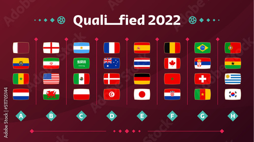 World football 2022 Groups and flags set. Flags of the countries participating in the 2022 World championship set. Vector illustration