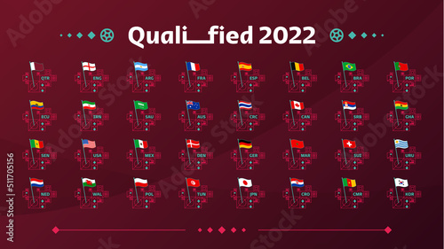 World football 2022 Groups and flags set. Flags of the countries participating in the 2022 World championship set. Vector illustration