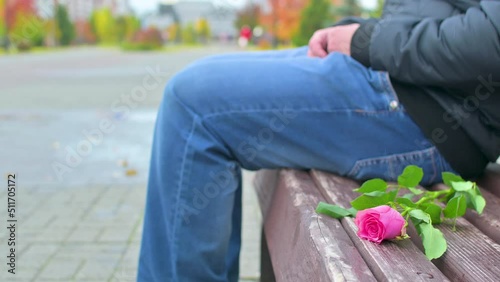 A rose flower lies on a bench against the background of a departing person
