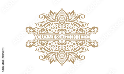 gold text frame, label, calligraphy, brand and your company name