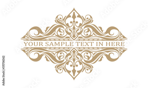 gold text frame label, calligraphy, brand and your company name