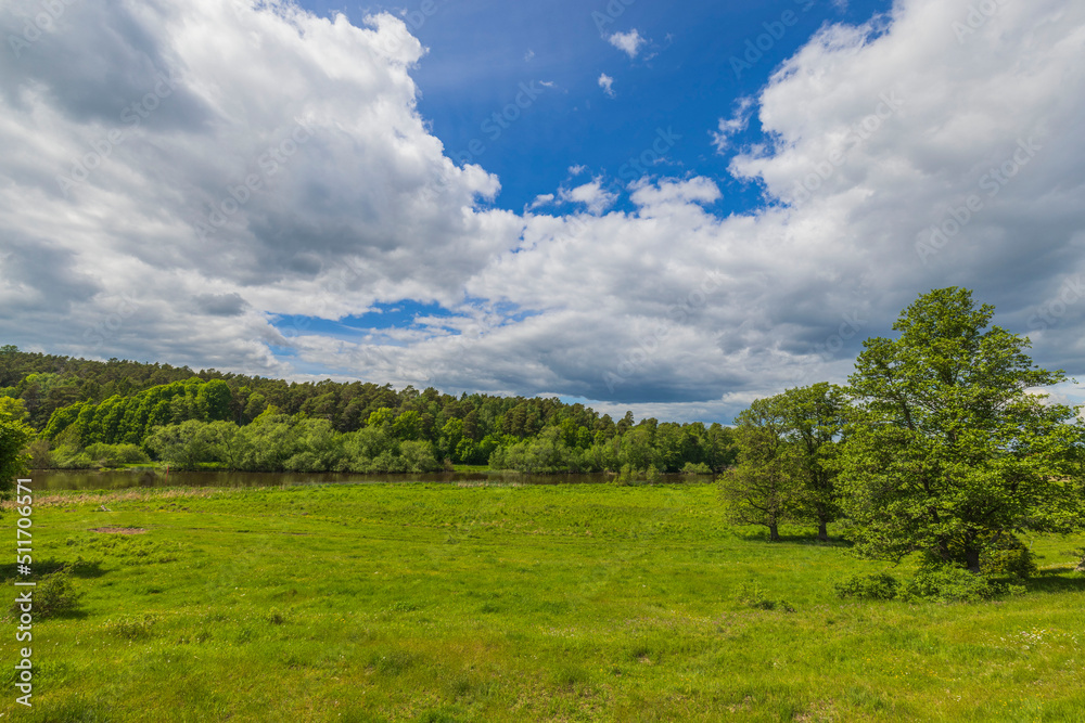 Beautiful view of field with river against backdrop of forest and blue sky with white clouds. Sweden. Beautiful view of field with river against backdrop of forest and blue sky with white clouds. Sweden.