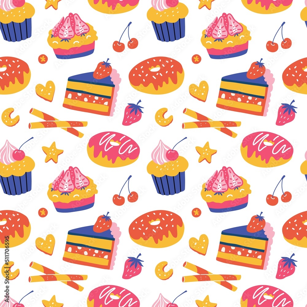 Bright repeating pattern. Desserts and sweets. Vector seamless pattern. Bright repeating pattern. Desserts and sweets. Vector seamless pattern.