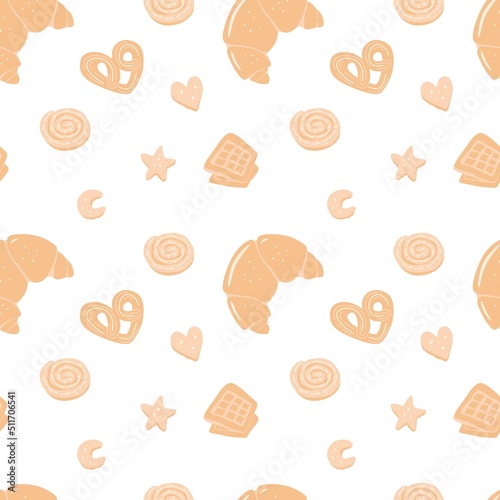 Seamless repeating pattern with pastry items. Vector background.