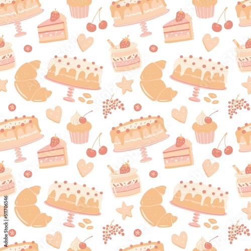 Repeating pattern with pastry desserts. Vector seamless pattern.
