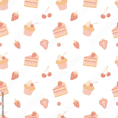 Repeating pattern with cupcake elements. Cute pastel colors.