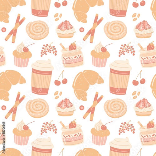 Seamless pattern with sweet desserts. Vector coffee design.