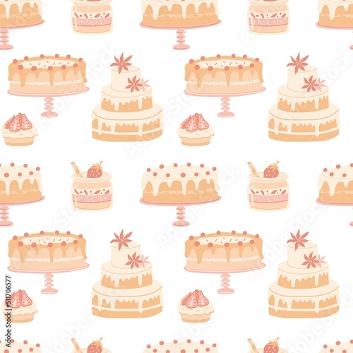 Repeating pattern with wedding cake and sweets. Vector seamless pattern.