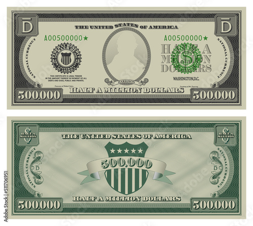 Vector half million dollars banknote. Gray obverse and green reverse fictional US paper money in style of vintage american cash. Frame with guilloche mesh and bank seals. Harrison