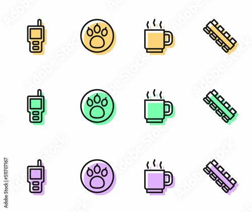 Set line Coffee cup, Walkie talkie, Paw search and Hunting cartridge belt icon. Vector