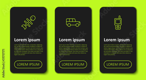 Set line Dead fish, Safari car and Walkie talkie. Business infographic template. Vector