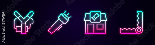 Set line Slingshot, Flashlight, Hunting shop and Trap hunting. Glowing neon icon. Vector