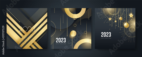 Happy new 2023 year elegant gold text with light. Minimal text template on black background
