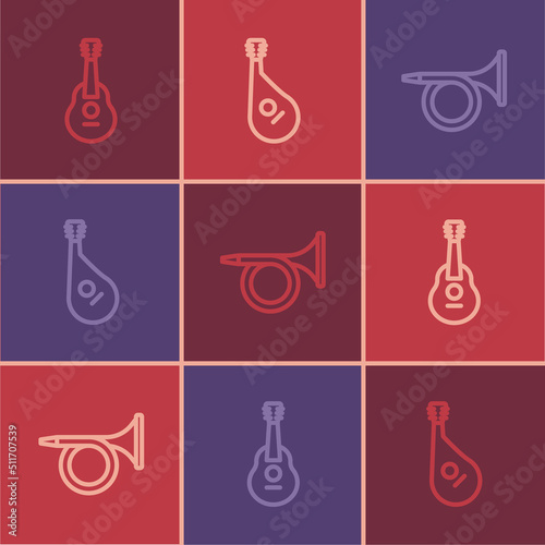 Set line Guitar, Trumpet and Bandura icon. Vector