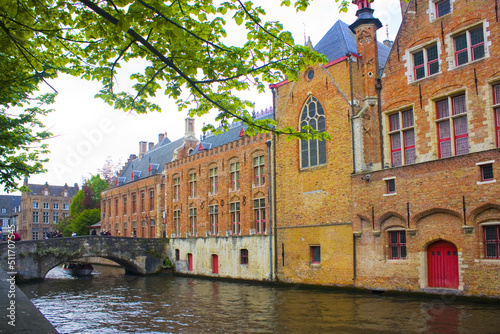 Colorful buildings on canal in Brugges, Belgium 