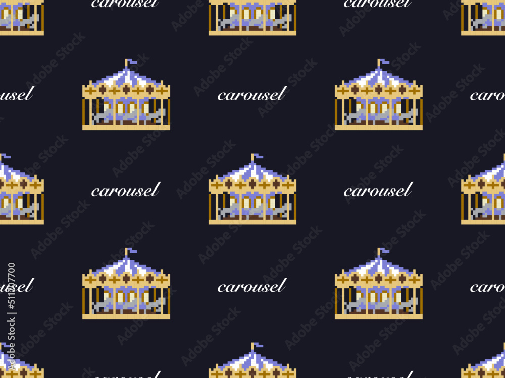 Carousel cartoon character seamless pattern on black background. Pixel style
