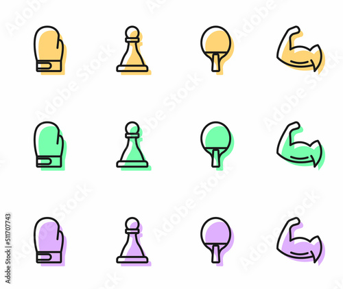 Set line Racket, Boxing glove, Chess and Bodybuilder showing his muscles icon. Vector