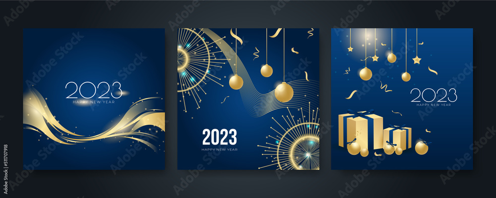 Naklejka premium Happy new year 2023 square post card background for social media template. Blue and gold 2023 new year winter holiday greeting card template. Minimalistic trendy banner for branding, cover, card.