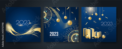 Happy new year 2023 square post card background for social media template. Blue and gold 2023 new year winter holiday greeting card template. Minimalistic trendy banner for branding, cover, card.