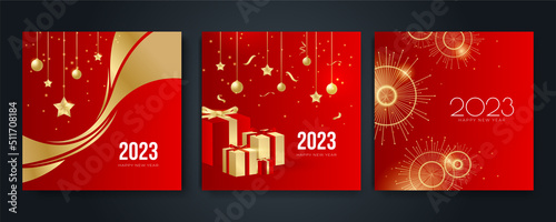 Happy new year 2023 square post card background for social media template. Red and gold 2023 new year winter holiday greeting card template. Minimalistic trendy banner for branding, cover, card.