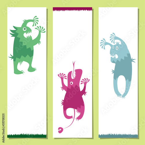 Set of 3 bookmarks with funny colorful screaming monsters