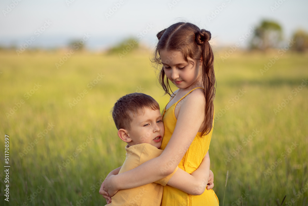 girl and boy hugging in the field girl and boy hugging in the field