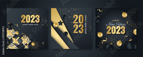 Happy new 2023 year elegant gold text with light. Minimal text template on black background