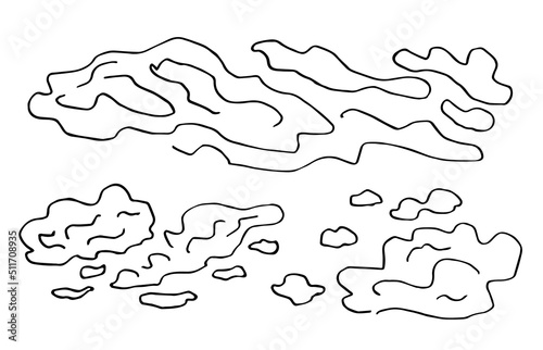 Simple hand drawn black outline vector illustration. Abstract shapes of clouds. Sketch in ink, curved lines.