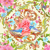 retro floral seamless texture with couple of little blue birds and butterflies. watercolor painting