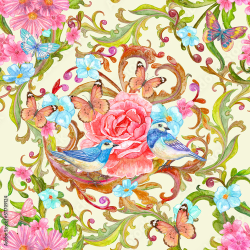 retro floral seamless texture with couple of little blue birds and butterflies. watercolor painting