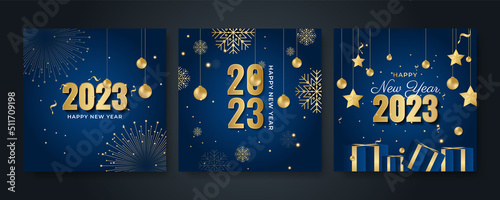 Happy new year 2023 square post card background for social media template. Blue and gold 2023 new year winter holiday greeting card template. Minimalistic trendy banner for branding, cover, card. photo