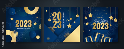 Happy new year 2023 square post card background for social media template. Blue and gold 2023 new year winter holiday greeting card template. Minimalistic trendy banner for branding, cover, card.