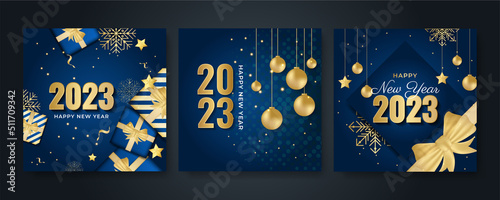 Happy new year 2023 square post card background for social media template. Blue and gold 2023 new year winter holiday greeting card template. Minimalistic trendy banner for branding  cover  card.