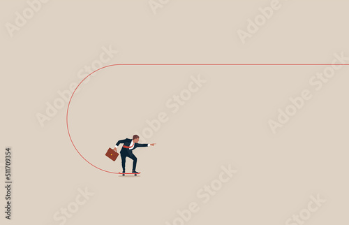 Businessman on a skateboard making u-turn, change of direction. Symbol of decision, choice.
