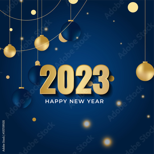 Happy new year 2023 square post card background for social media template. Blue and gold 2023 new year winter holiday greeting card template. Minimalistic trendy banner for branding, cover, card.