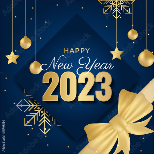 Happy new year 2023 square post card background for social media template. Blue and gold 2023 new year winter holiday greeting card template. Minimalistic trendy banner for branding, cover, card.