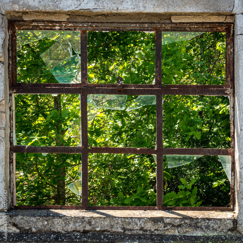 Altes defektes Fenster mit Durchblick in die Natur